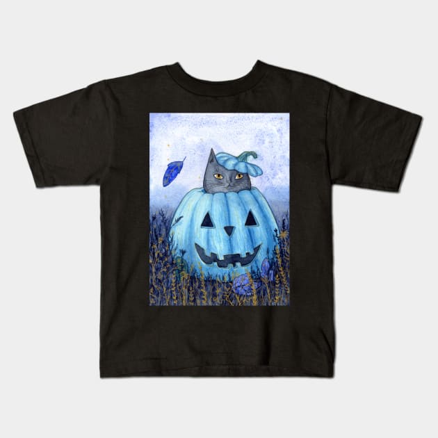 Blue Jack-o-lantern Cat Kids T-Shirt by dragonstarart